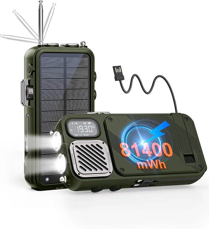 Emergency Radio&22000mAh Solar Power Bank, FM NOAA Weather Radio, Portable Hand Crank Bluetooth Radio, 20W Fast Charge Wireless Phone Charger, SOS Flashlight for Emergency/Home (Green)