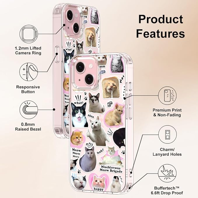 MOSNOVO Case for iPhone 15, [Buffertech 6.6ft Military-Grade Drop Protection] [Anti Peel Off Tech] Clear TPU Bumper Phone Case Cover Design - The Cat Brigade