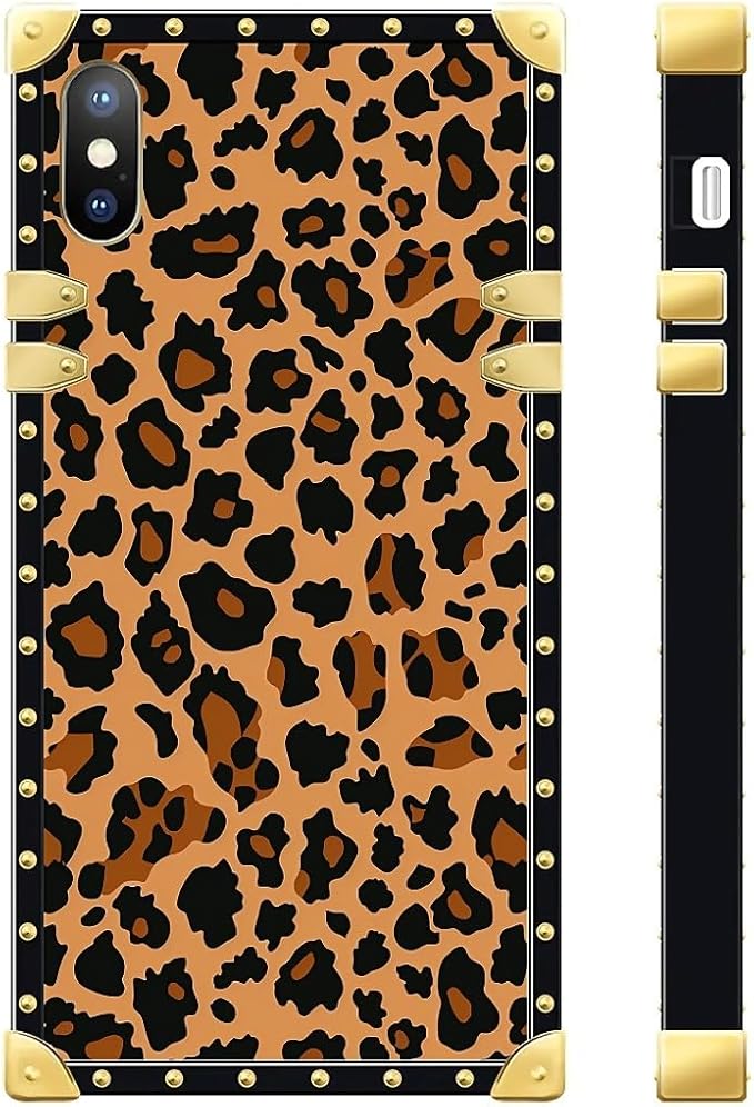 Compatible with iPhone Xs Max Case, Brown Leopard Texture Luxury Golden Decoration for Girl Women Soft TPU Shockproof Protective Hard PC Back for iPhone Xs Max