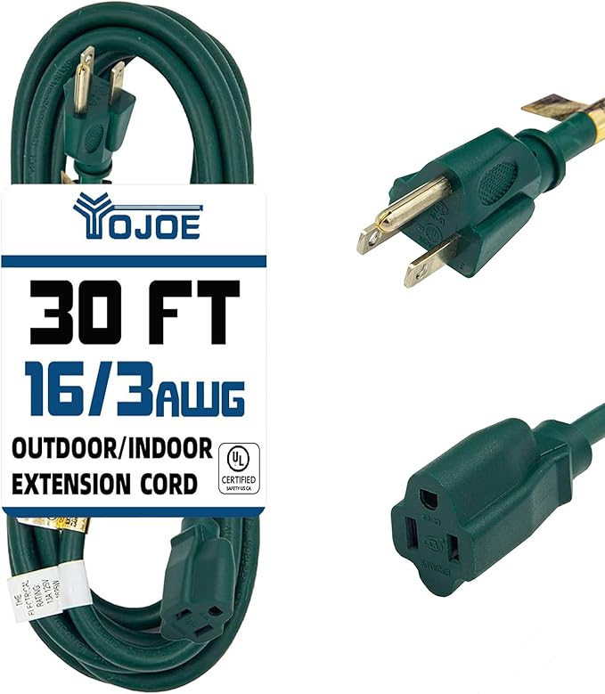 YOJOE Indoor Outdoor Extension Cord, 3 Prong 13A Weatherproof Power Cord, 16 Gauge Heavy Duty 30 ft Green Extension Cord for Garage, Garden and Home, 16/3 SJTW UL Listed