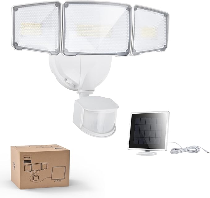 Philips 3600LM Solar Security Lights w/PIR Motion Sensor Outdoor, Waterproof Dimmable, 16ft Cable Separate Solar Panel w/3 Modes LED Flood Lights for Yard, Garage, Porch