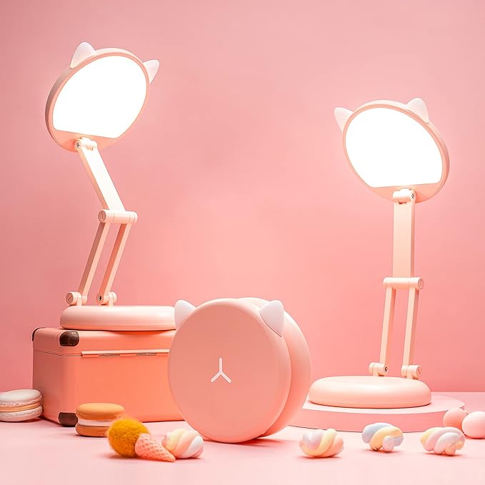 One Fire Cute Desk Lamp Pink Dorm Lamps for College Girls Foldable Portable Rechargeable Dimmable Cute Cat Lamp Kawaii Room Decor,College Dorm Decor for Girls Pink Classroom Essentials