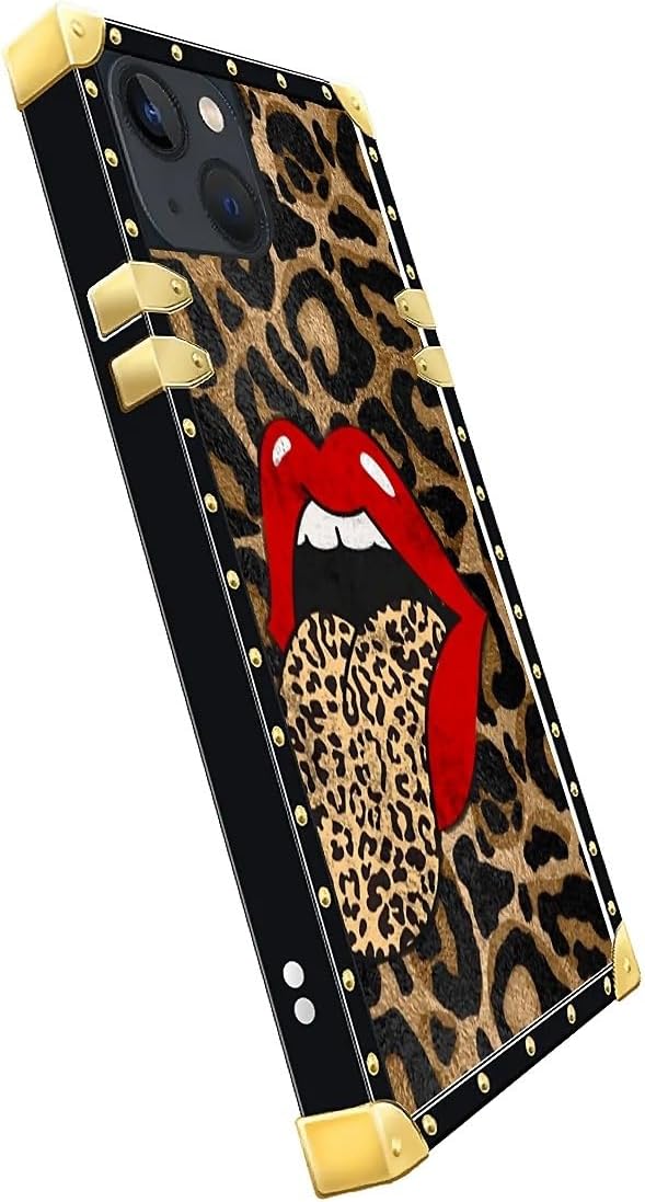 Compatible with iPhone 15 Case, Brown Leopard Print Mouth Luxury Golden Decoration for Girl Women Soft TPU Shockproof Protective Hard PC Back for iPhone 15