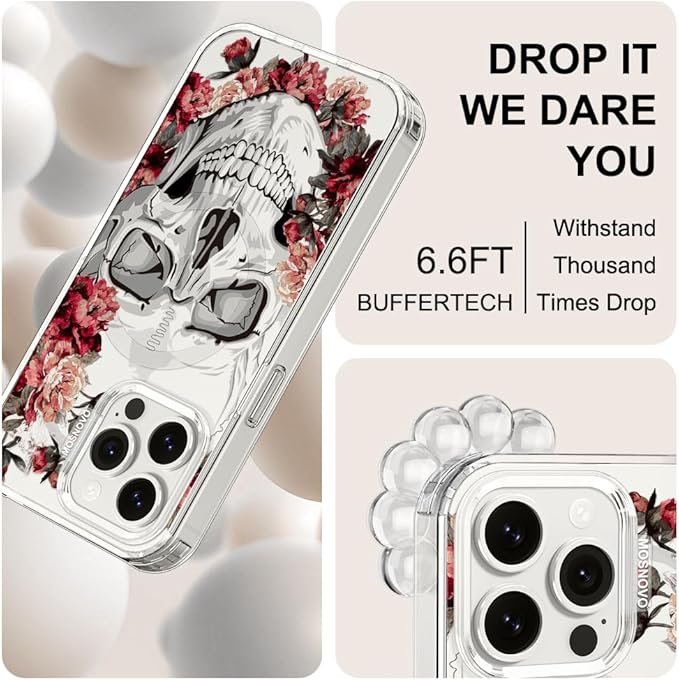 MOSNOVO Case for iPhone 15 Pro Max, [Buffertech 6.6ft Military-Grade Drop Protection] [Anti Peel Off Tech] Clear TPU Bumper Phone Case Cover Design - Red Flower Skull