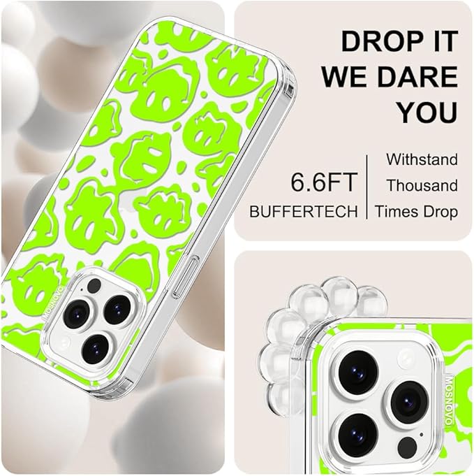 MOSNOVO Case for iPhone 13 Pro, [Buffertech 6.6ft Military-Grade Drop Protection] [Anti Peel Off Tech] Clear TPU Bumper Phone Case Cover Design - Distorted Green Smiles Face
