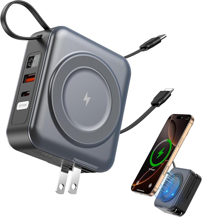 for Magsafe Portable Charger with AC Wall Plug, 6-in-1 Magnetic Wireless Power Bank 10000mAh Built-in Cables, 22.5W Type-C in&Out Fast Charging Battery Pack for iPhone 17/16/15/14/13/12 Series, Gray