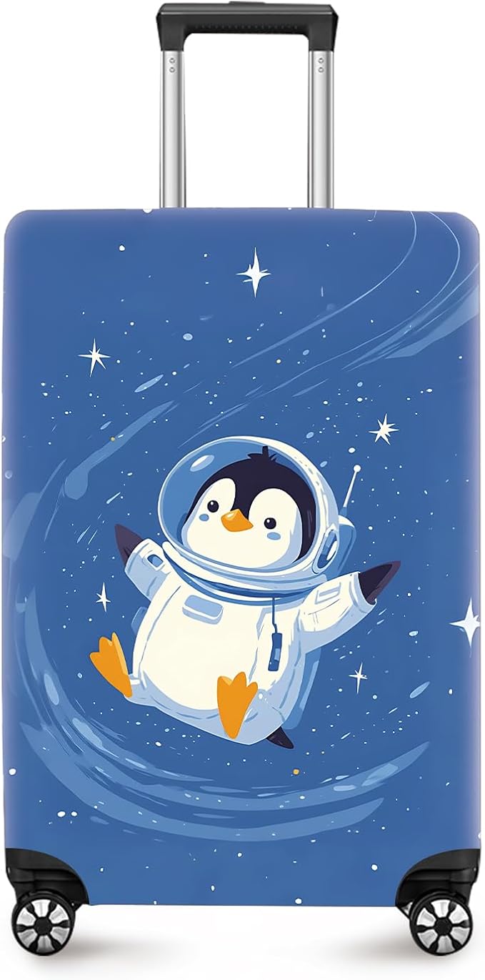 ANNA QUEEN Astronaut Penguin Luggage Cover, Cute Space Penguin Design Suitcase Protector, Washable Stretchable Travel Sleeve for 28-30 Inch Luggage