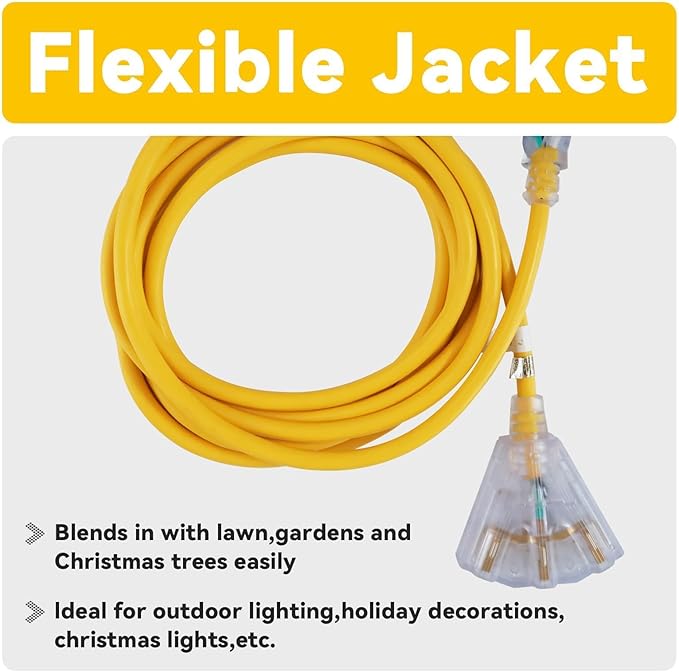 EP 20 Ft 12 Gauge Heavy Duty Extension Cord, 15A 125V 1875W, 3 Outlet Indoor/Outdoor Power Cord with Lighted End, 12/3 SJTW Weatherproof Yellow