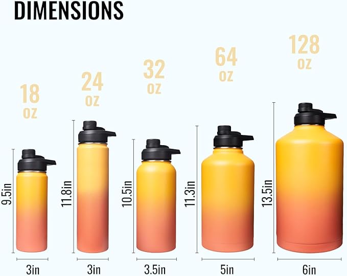 Fijinhom Gallon Water Bottle with 2 Lids (Straw & Spout), 304 Stainless Steel Water Jug with Handle and Wide Mouth, 1 Gallon Vacuum Double Walled Jug for Sports, Outdoors, Yellow&Orange 128 oz