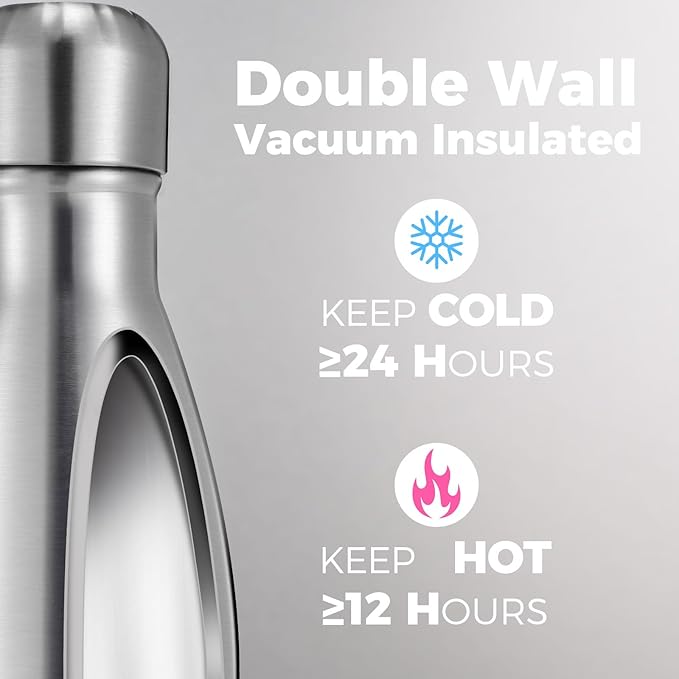Volhoply 17oz Stainless Steel Water Bottles Bulk, Leakproof Insulated Metal Water Bottle for Sports, Travel, Adult, Available in Packs of 1, 4, or 8（Silver,8 Pack）