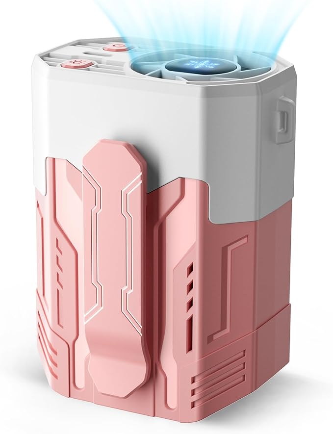 Portable Fan 4000mAh Rechargeable, 4 Speeds 13000RPM Strong Airflow, Personal Waist Fan with Max 24H Working Time, Wearable Clip Belt fan for Camping, Outdoor, Jobsite, Traveling -Pink & White