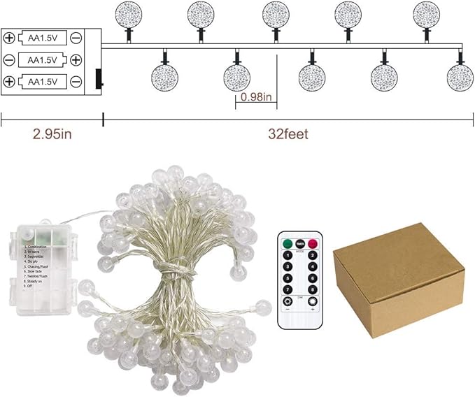 Metaku Globe Fairy Lights Battery Operated 33ft 80LED String Lights with Remote Waterproof Indoor Outdoor Hanging Decorative Christmas Lights for Home Party Patio Garden Wedding