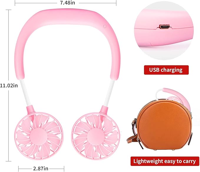Portable Neck Fan Rechargeable Personal Hand-Free Fan Mini USB Wearable Neckband Sport Fan, 3 Speed Adjustable, 360 Degrees Free Rotation Perfect for Working, Traveling, Office, Reading (Pink)