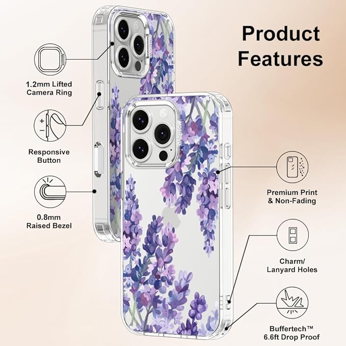 MOSNOVO Case for iPhone 16 Pro, [Buffertech 6.6ft Military-Grade Drop Protection] [Anti Peel Off Tech] Clear TPU Bumper Phone Case Cover Design - Lavender