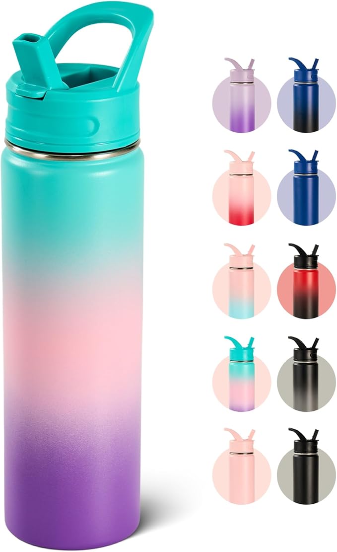 Fijinhom 24oz Insulated Stainless Steel Water Bottle with Straws, Double Wall Vacuum Insulated Bottles, Metal Thermo for Travel, Sports, Leak-Proof, BPA Free, Women & Men, Color Gradient