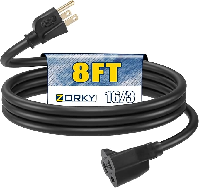8ft Outdoor Extension Cord for Christmas Decorations - 16/3 Heavy Duty SJTW Waterproof Black Electrical Cable with 3 Prong Grounded Plug for Safety, Great for Lawn and Major Appliances