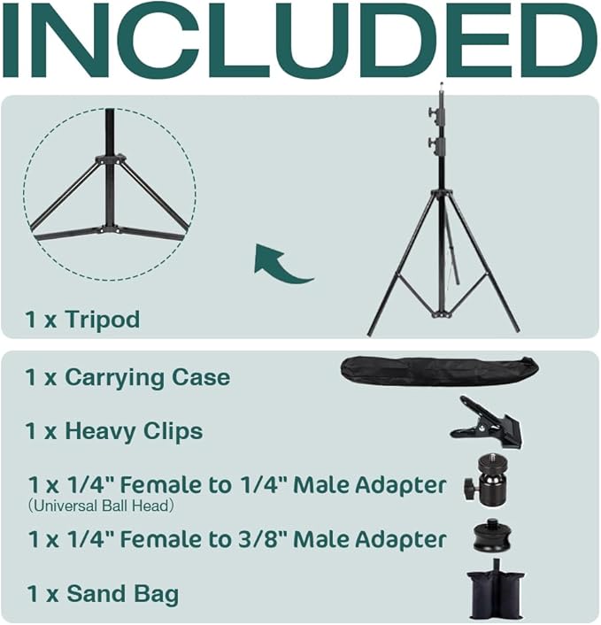 Kate Heavy Duty Light Stand for Photography, 8.5ft High Stable Photo Video Tripod Stand with Clamp, Sandbag, Carry Bag & Screw Adapters - Max 15kg Load for Studio Strobe, Softbox, LED Video Light