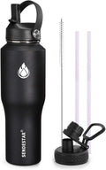 SENDESTAR Water Bottle 32oz,Wide Mouth Stainless Steel Vacuum Insulated Double Wall Keep Liquids Cold or Hot All Day,Sweat Proof Sport Design,Fit Car Cup Holder,2 Lids(Straw and Spout lid)(Black)