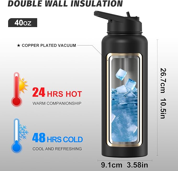 40oz Insulated Water Bottle (Cold for 48 Hrs),BPA Free&Leak Proof,Stainless Steel Water Flask,Water Jug with Straw Spout Lids for Gym,Hiking,Travel,Black