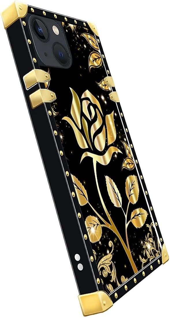 Compatible with iPhone 14 Case, Shine Gold Rose Luxury Golden Decoration for Girl Women Soft TPU Shockproof Protective Hard PC Back for iPhone 14