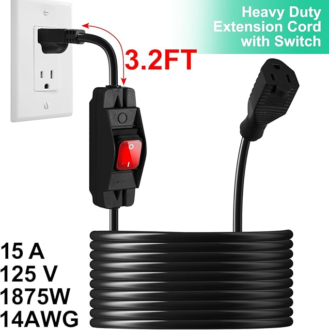 Outdoor Waterproof On/Off Switch Extension Cord, Heavy Duty 125v/250v Black SJTW Cord (35 Ft, Black)