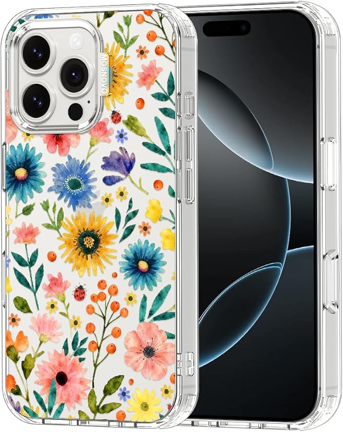 MOSNOVO for iPhone 16 Pro Max Case, Shockproof Military-Grade Protection 6.6ft Drop Tested, Clear Phone Case for iPhone 16 Pro Max, Wildflower Bloom Design