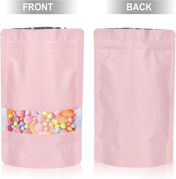6.3"x9.5" 120pcs Mylar Bags for Food Storage,Smell Proof Bag with Matte Window Resealable Food Storage Bags for Small Business, Stand-up Foil Pouch Packaging Freeze Dried Candy Bag(Pink)