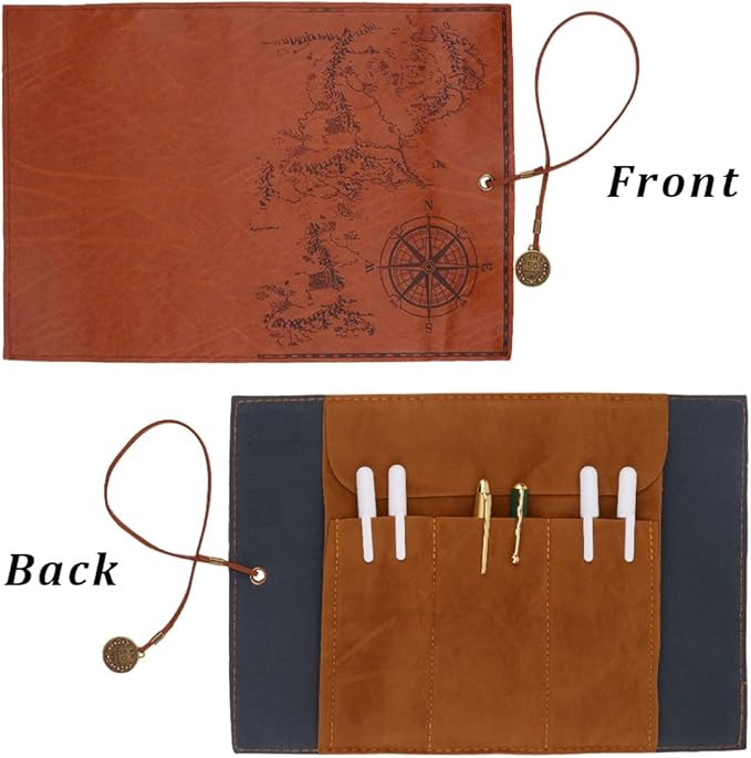 GORGECRAFT Canvas PU Leather Pencil Bag Strap Vintage Treasure Map Compass Pattern Pen Case Holder Cover Rollup Retro Pen Bag Wrap Roll up Portable Stationery Pouch with Alloy Charming Sandy Brown
