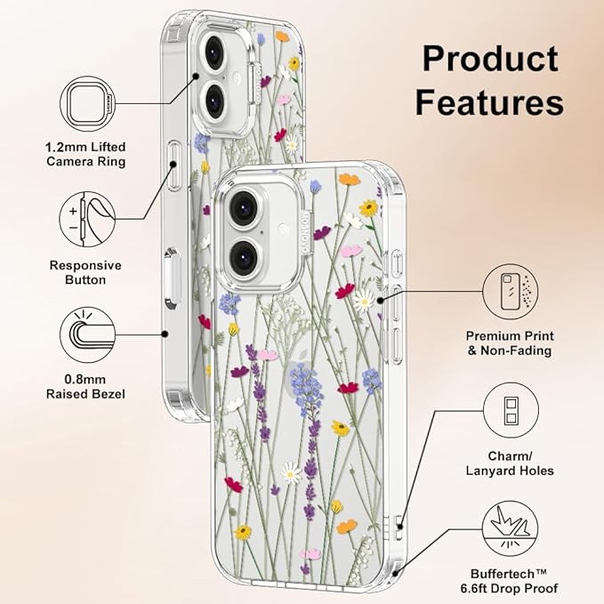 MOSNOVO Case for iPhone 16, [Buffertech 6.6ft Military-Grade Drop Protection] [Anti Peel Off Tech] Clear TPU Bumper Phone Case Cover Design - Floral Garden