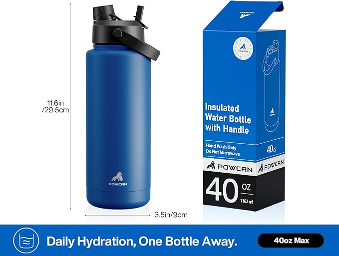 POWCAN 40 oz Insulated Water Bottle with 2-in-1 Straw and Spout Lid, Keep Cold 24H, Leak-Proof, BPA-Free, Double Wall Stainless Steel Water Bottle for Sports, Gym, Travel, and School (Pacific Ocean)