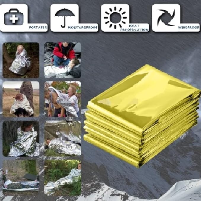 GALAXYLENSE Emergency Mylar Thermal Blanket for Survival First Aid Kits Army Outdoors Hiking Camping Bug Out Trauma Desert All Weather Condition Protection (40 Packs Gold)