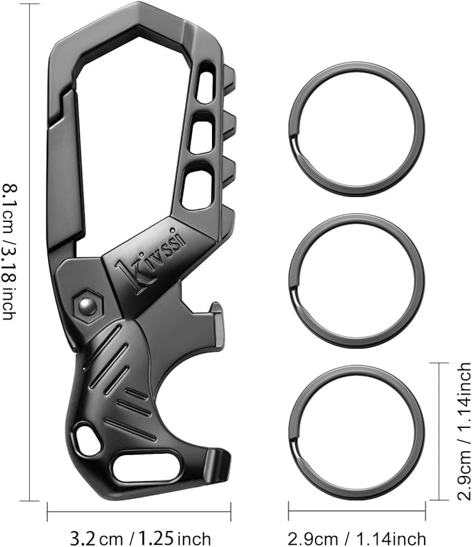 Kivssi Heavy duty metal keychains, Carabiner clip Car key chains,Fashion family keychain bottle opener and 3 Key Rings suitable for men and women.(Black-2pcs)
