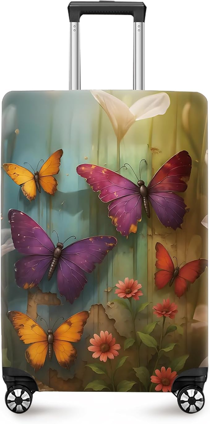 ANNA QUEEN Butterfly Garden Luggage Cover, Colorful Butterfly and Flower Suitcase Protector, Stretchable Washable Travel Sleeve for 28-30 Inch Luggage