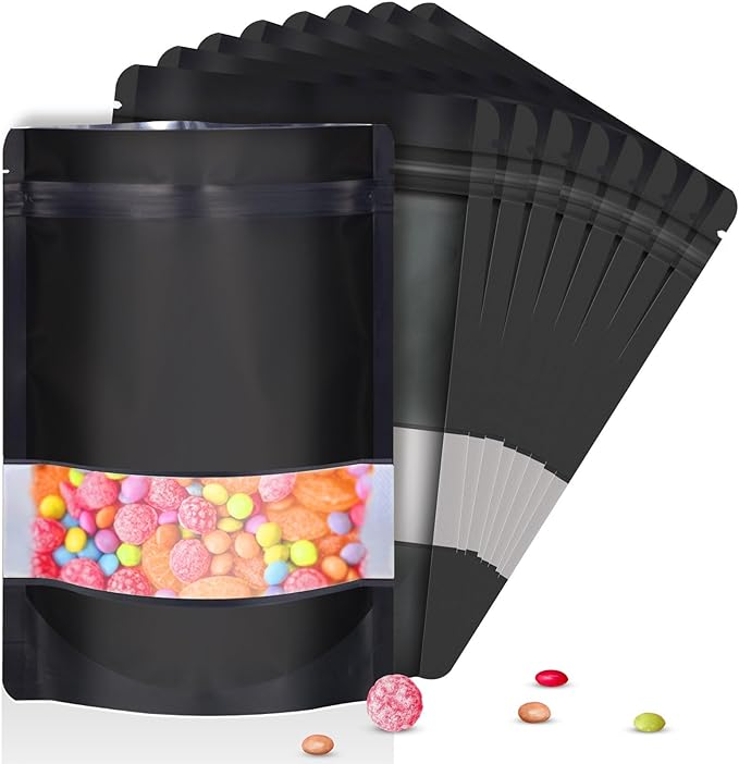 5.9"x8.6" 120pcs Mylar Bags for Food Storage,Smell Proof Bag with Matte Window Resealable Food Storage Bags for Small Business, Stand-up Foil Pouch Packaging Freeze Dried Candy Bag（Black）