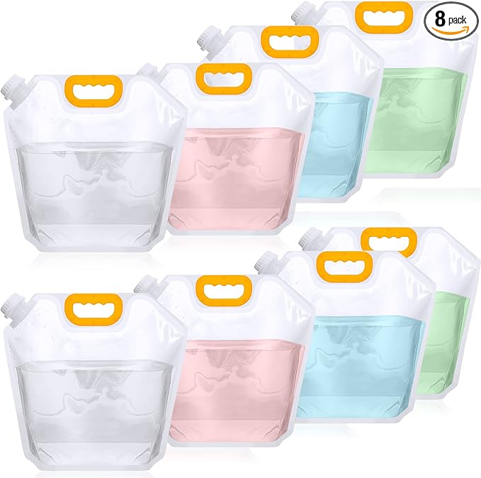 Tessco for you 8 Pack 1.3 Gallon Collapsible Water Storage Bag Water Container Emergency Jug Plastic Storage Pouch Freezable Carrier Tank Foldable Bottle for Outdoor Sport Camping (Clear)