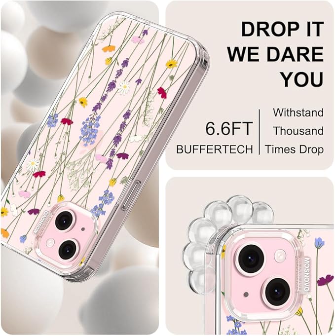 MOSNOVO Case for iPhone 15 Plus/iPhone 14 Plus, [Buffertech 6.6ft Military-Grade Drop Protection] [Anti Peel Off Tech] Clear TPU Bumper Phone Case Cover Design - Floral Garden