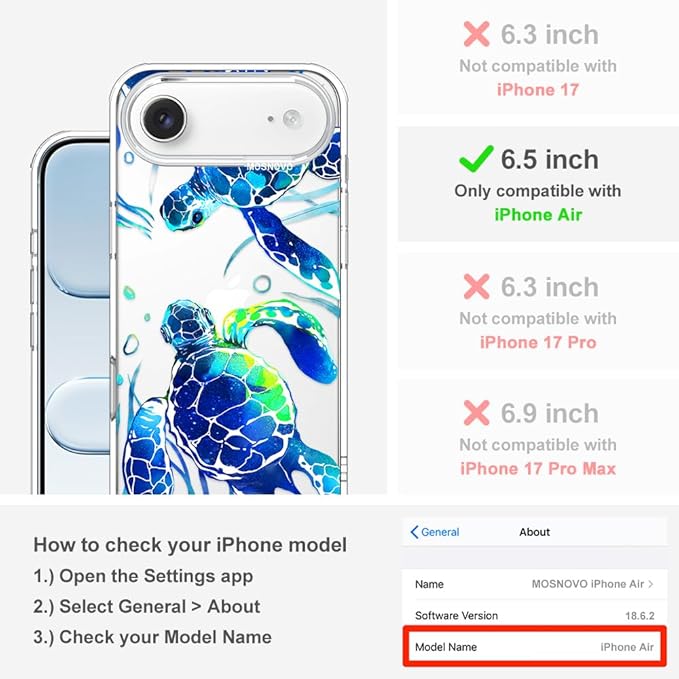 MOSNOVO for iPhone Air Case | Military Grade 6.6ft Drop Tested | Camera Control | Clear with Sea Turtles Design