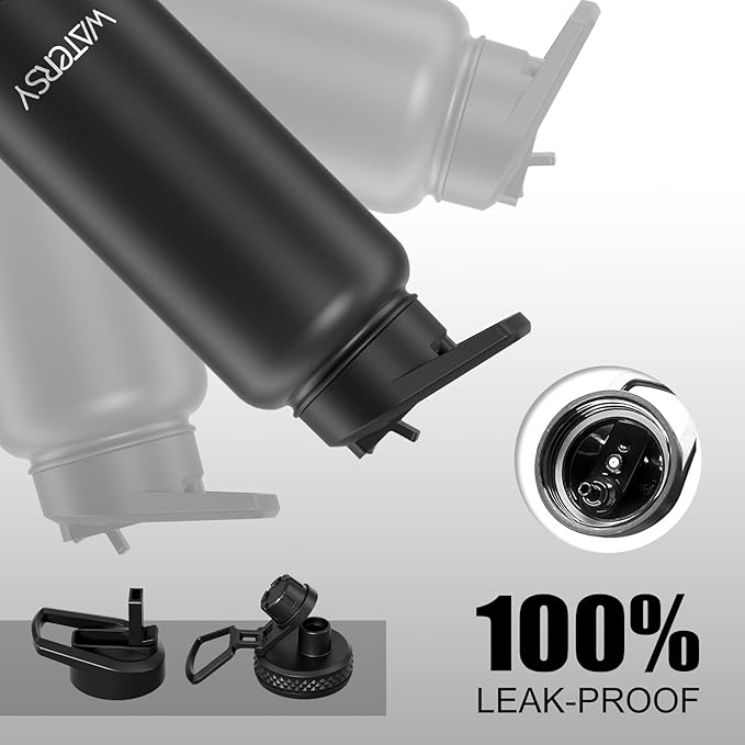 32oz Insulated Water Bottle (Cold for 48 Hrs),BPA Free&Leak Proof,Stainless Steel Water Flask,Water Jug with Straw Spout Lids for Gym,Hiking,Travel,Black