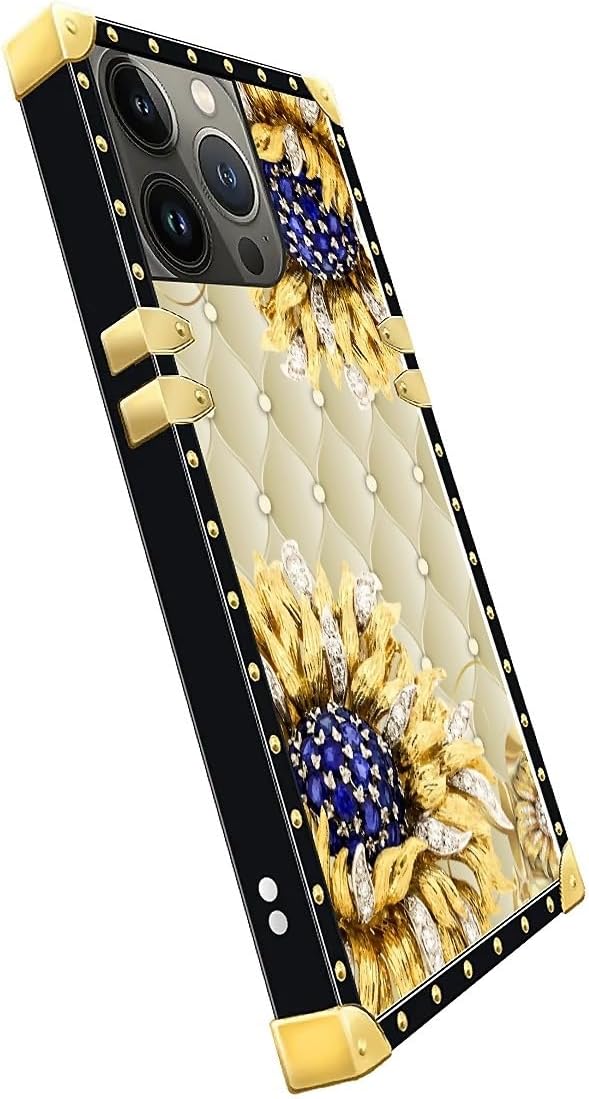 Compatible with iPhone 13 Pro Case, Sunflower Diamonds Leather Luxury Golden Decoration for Girl Women Soft TPU Shockproof Protective Hard PC Back for iPhone 13 Pro