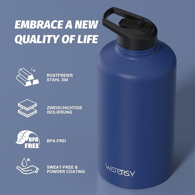 87oz Insulated Water Bottle (Cold for 48 Hrs),BPA Free&Leak Proof,1.5 Gallon Stainless Steel Water Flask,Water Jug with Straw Spout Lids for Gym,Hiking,Camping,Deep Blue