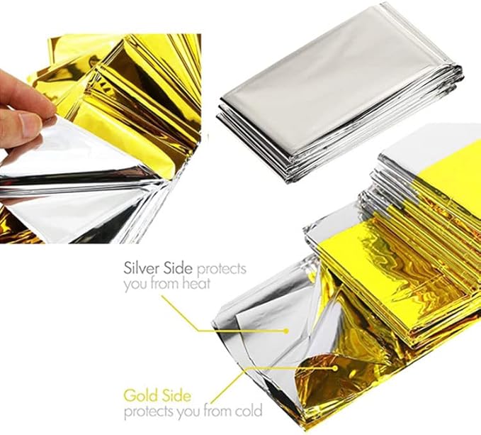 GALAXYLENSE Emergency Mylar Thermal Blanket for Survival First Aid Kits Army Outdoors Hiking Camping Bug Out Trauma Desert All Weather Condition Protection (40 Packs Gold)