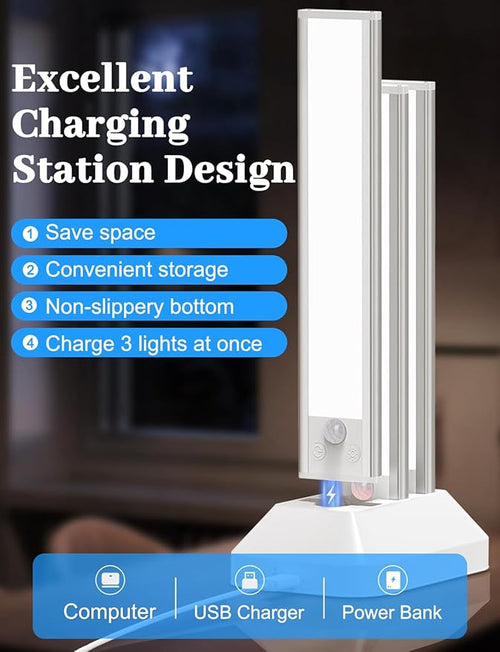 14in Under Cabinet Lighting with Charging Station, 3200mAh Rechargeable Motion Sensor Light Indoor, Magnetic Under Cabinet Lights for Kitchen, 3 Color Tempers Dimmable Closet Lights Wireless, 6-Pack
