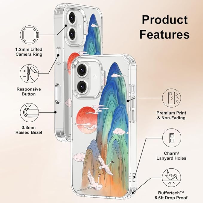 MOSNOVO for iPhone 16 Case, Shockproof Military-Grade Protection 6.6ft Drop Tested, Clear Phone Case for iPhone 16, Celestial Cranes Design