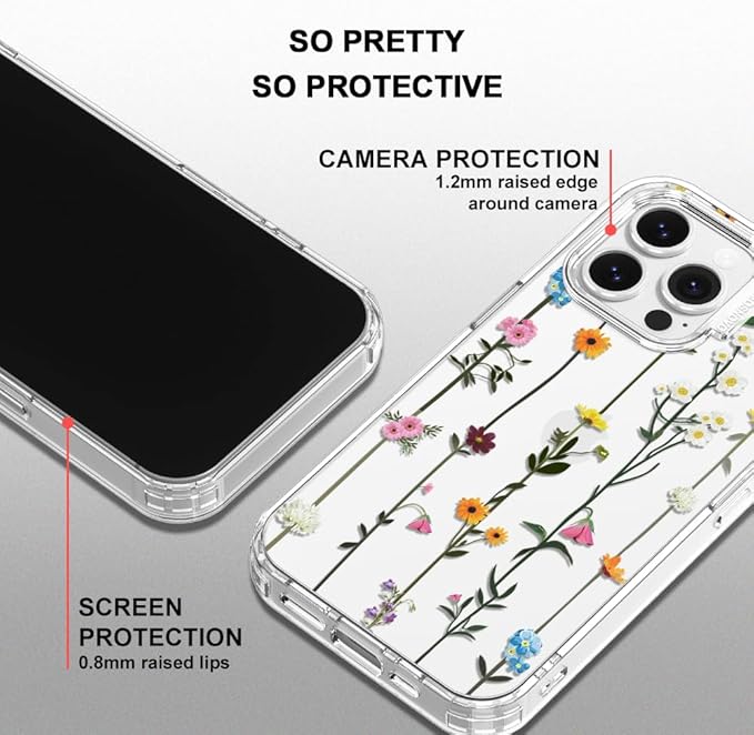 MOSNOVO Case for iPhone 13 Pro, [Buffertech 6.6ft Military-Grade Drop Protection] [Anti Peel Off Tech] Clear TPU Bumper Phone Case Cover Design - Wildflowers