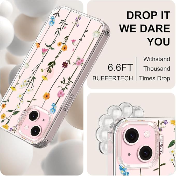 MOSNOVO Case for iPhone 15, [Buffertech 6.6ft Military-Grade Drop Protection] [Anti Peel Off Tech] Clear TPU Bumper Phone Case Cover Design - Wildflowers