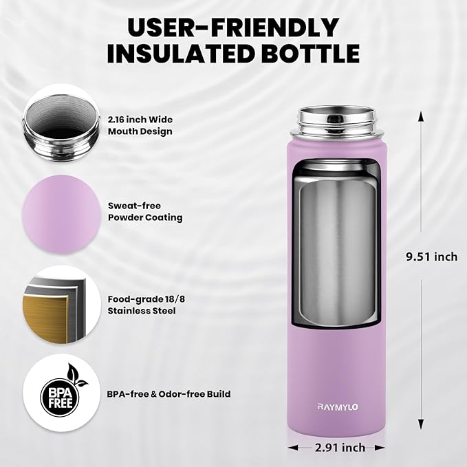 RAYMYLO Insulated Water Bottle 20 oz, Triple Wall Vacuum Stainless Steel (Cold for 24Hrs, Hot for 12Hrs), Leak Proof & Non-BPA, Kids Water Bottle Jug for School with Straw Spout Lids