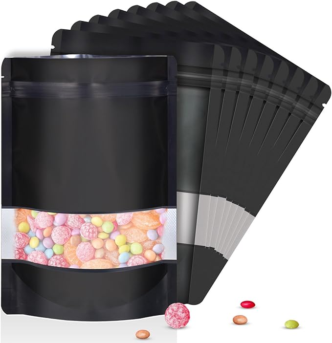 4.7"x7.8" 120pcs Mylar Bags for Food Storage,Smell Proof Bag with Matte Window Resealable Food Storage Bags for Small Business, Stand-up Foil Pouch Packaging Freeze Dried Candy Bag(Black)