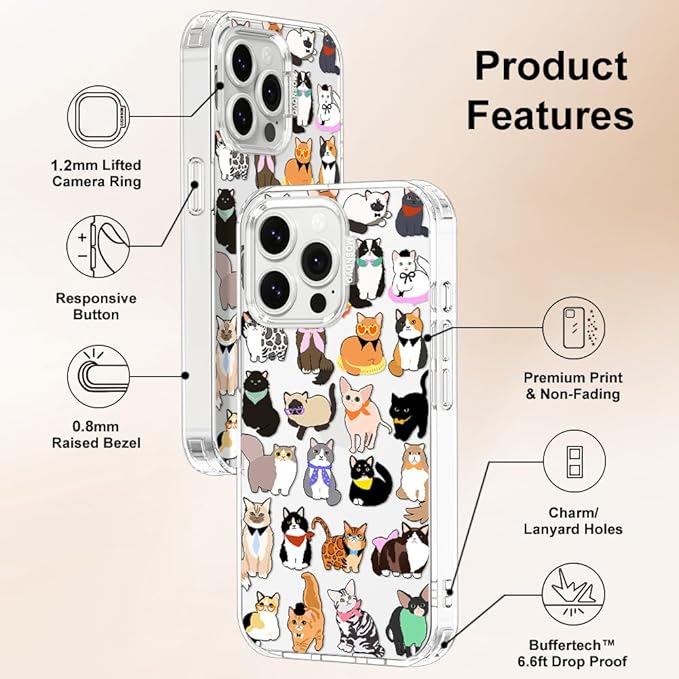 MOSNOVO Case for iPhone 14 Pro Max, [Buffertech 6.6ft Military-Grade Drop Protection] [Anti Peel Off Tech] Clear TPU Bumper Phone Case Cover Design - Cute Cats