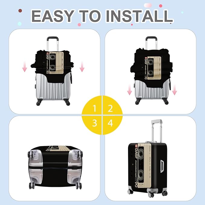 ANNA QUEEN Retro Cassette Tape Luggage Cover, Vintage Music Design Suitcase Protector, Washable Stretchable Travel Sleeve for 32-34 Inch Luggage