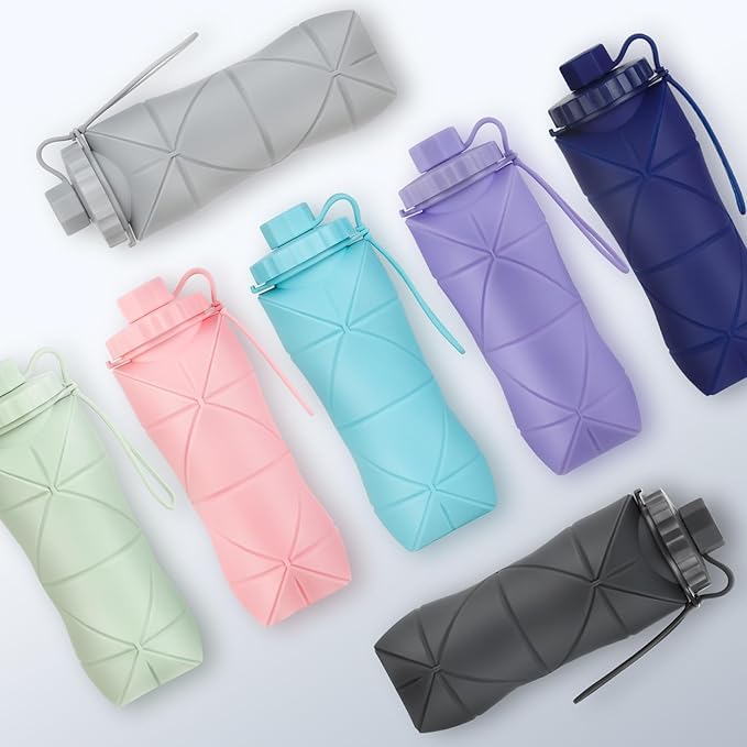 YCT Collapsible Silicone Travel Water Bottle 20oz (600ml), Reuseable Leakproof BPA Free Foldable Sports Bottle, with Carrying Strap, Green